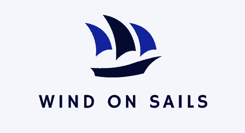 Logo of website with a blue concept of a bot and the words Wind On Sails below